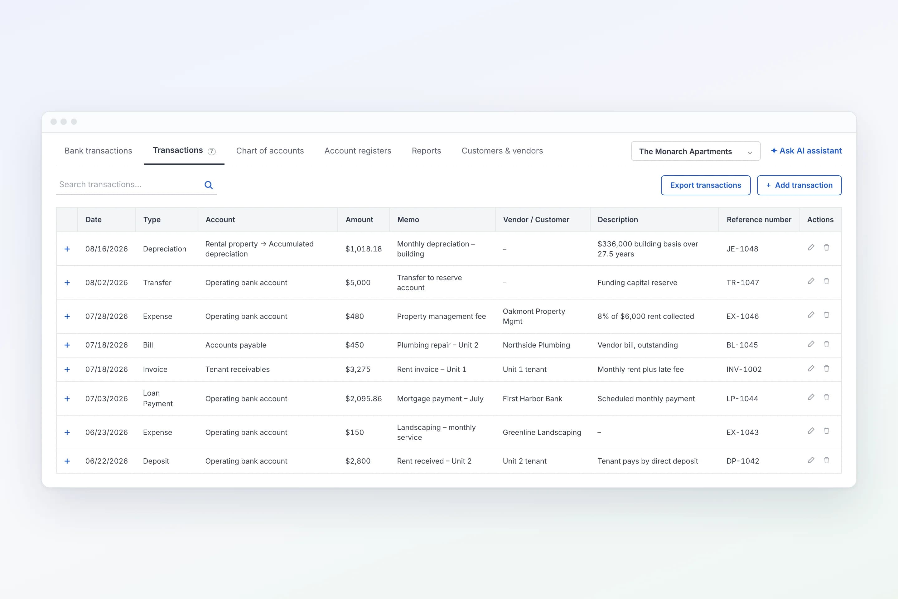 Transactions list with vendors, customers, and reference numbers